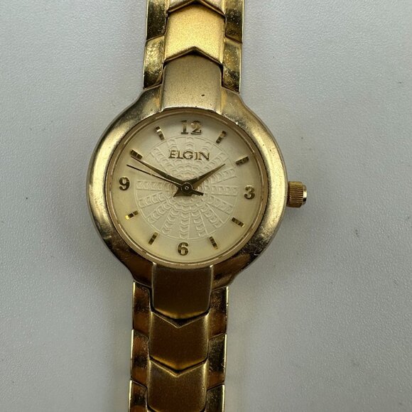 Elgin Watch Women Gold Tone Round 21MM Dial New Battery 7 Inch - Picture 2 of 15